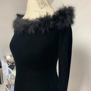 Vintage 90s PEEP Black Velvet Dress with Feathers